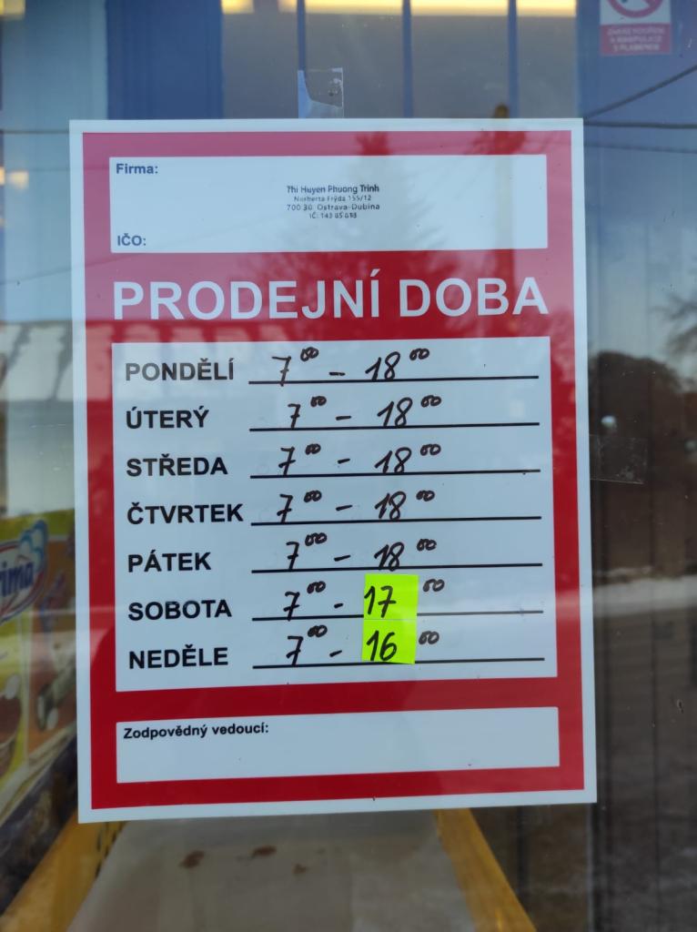 Prodejní doba obchodu v Nových Sedlicích leden 2026