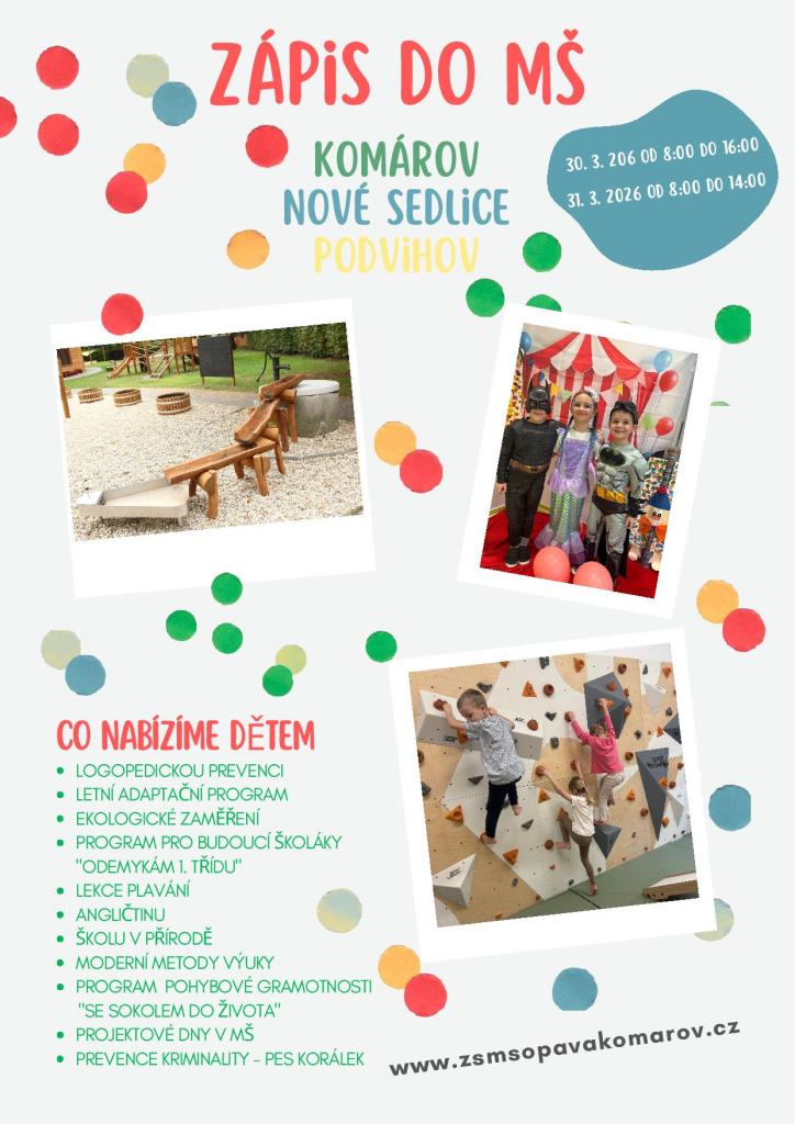 Plakát k zápisu do MŠ  v Nových Sedlicích - 1. strana